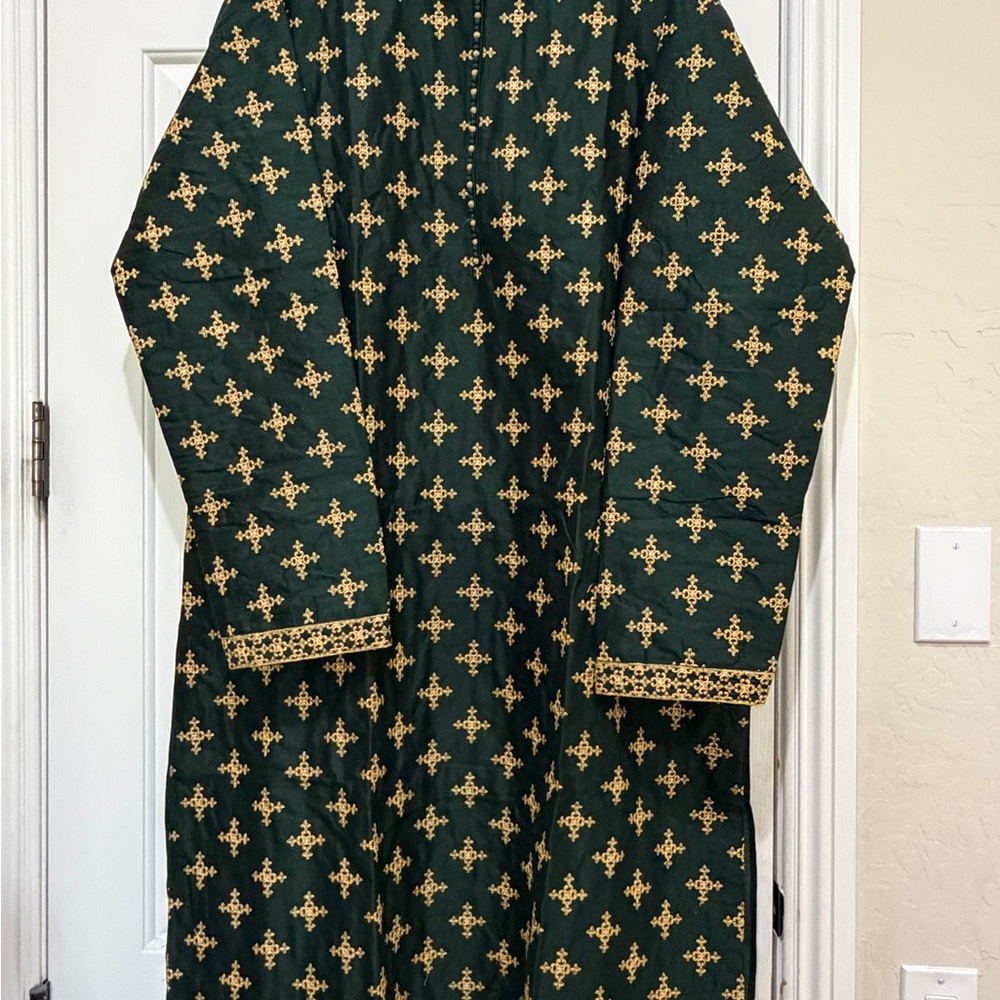 Dark Green Long Patterned kurta set with Gold Motif - Size 52